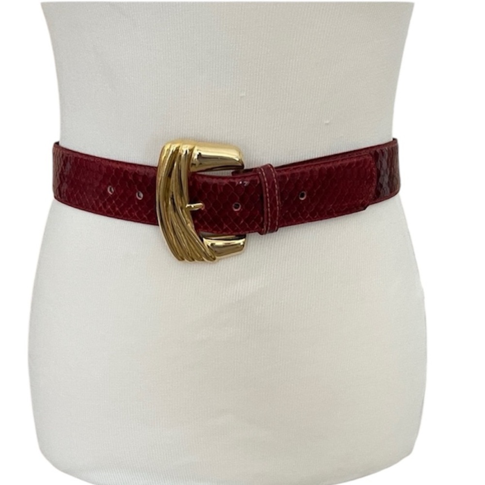 NWOT Elegant Red Real Snakeskin Leather Belt with Gold Tone Buckle